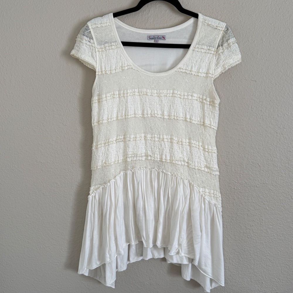 Womens Large Cream Lace Tiered Fairy Tunic Top Boho Cottage Ethereal Indie Artsy